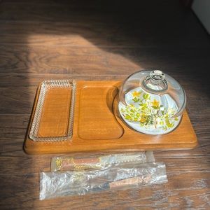 Vintage Goodwood Cheese Cutting Board w Glass Dome & Knife 16" x 9" Wood Tray